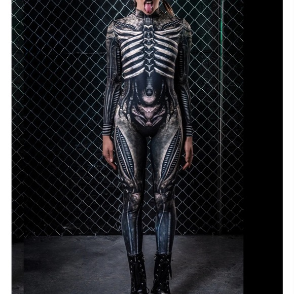 Badinka bodysuit catsuit long sleeve Xenomorph skeleton alien festival costume - Picture 2 of 7